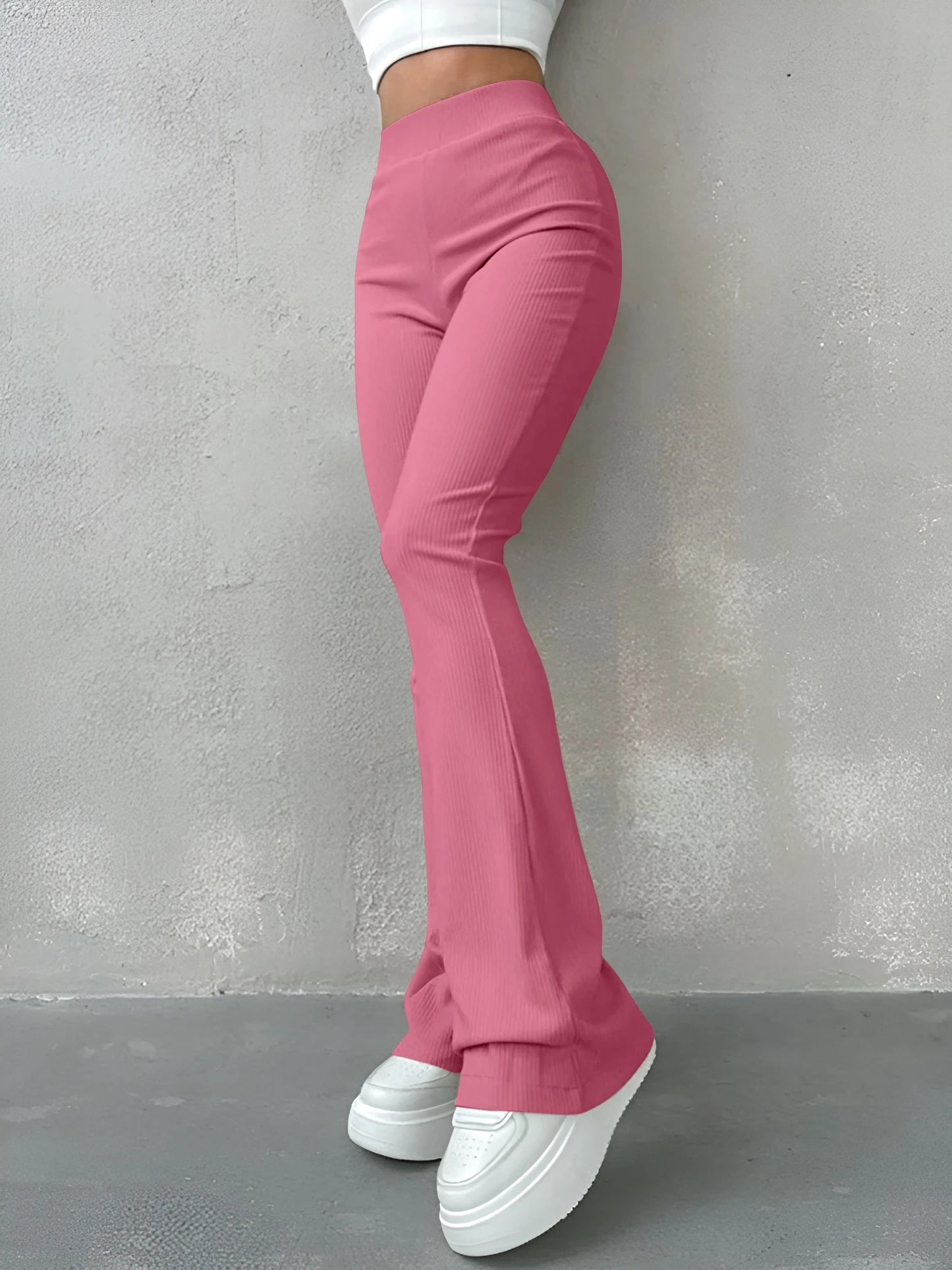Sporty Pants- Women High-Waisted Flare Leggings for Casual to Dressy Looks- Rose Red- Chuzko Women Clothing