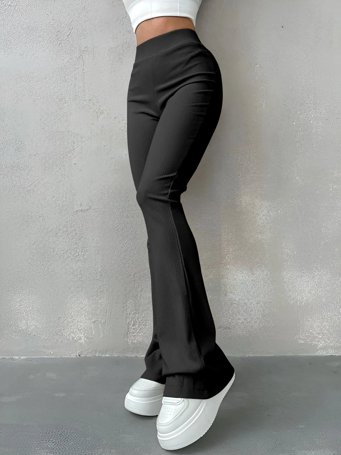 Sporty Pants- Women High-Waisted Flare Leggings for Casual to Dressy Looks- Black- Chuzko Women Clothing