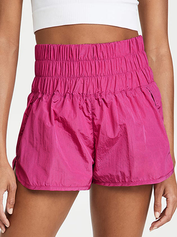 Sporty Shorts- Women's Smocked Waistband Workout Shorts- Rose- Chuzko Women Clothing