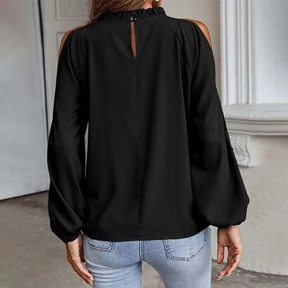 Cold Shoulder Blouse - Ruffle Neck, Long Sleeve & Keyhole Back Top Blouses - Chuzko Women Clothing