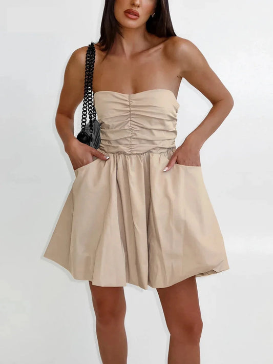 Strapless Dresses- Strapless Pleated Mini Dress with Smocked Back- Khaki- Chuzko Women Clothing