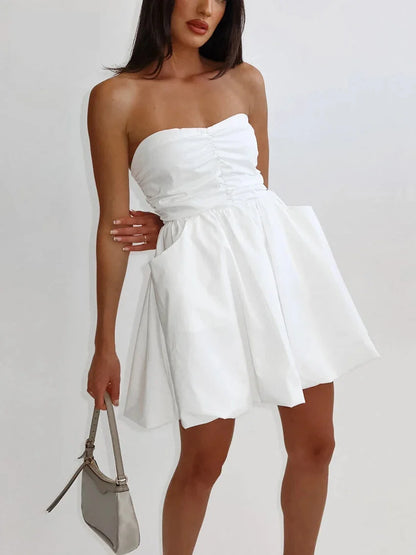 Strapless Dresses- Strapless Pleated Mini Dress with Smocked Back- White- Chuzko Women Clothing