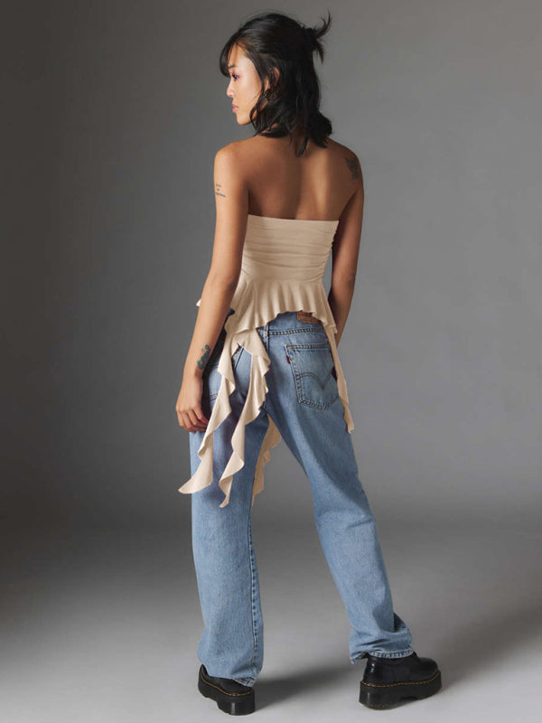 Strapless Asymmetric Ruffle Tube Top for Women