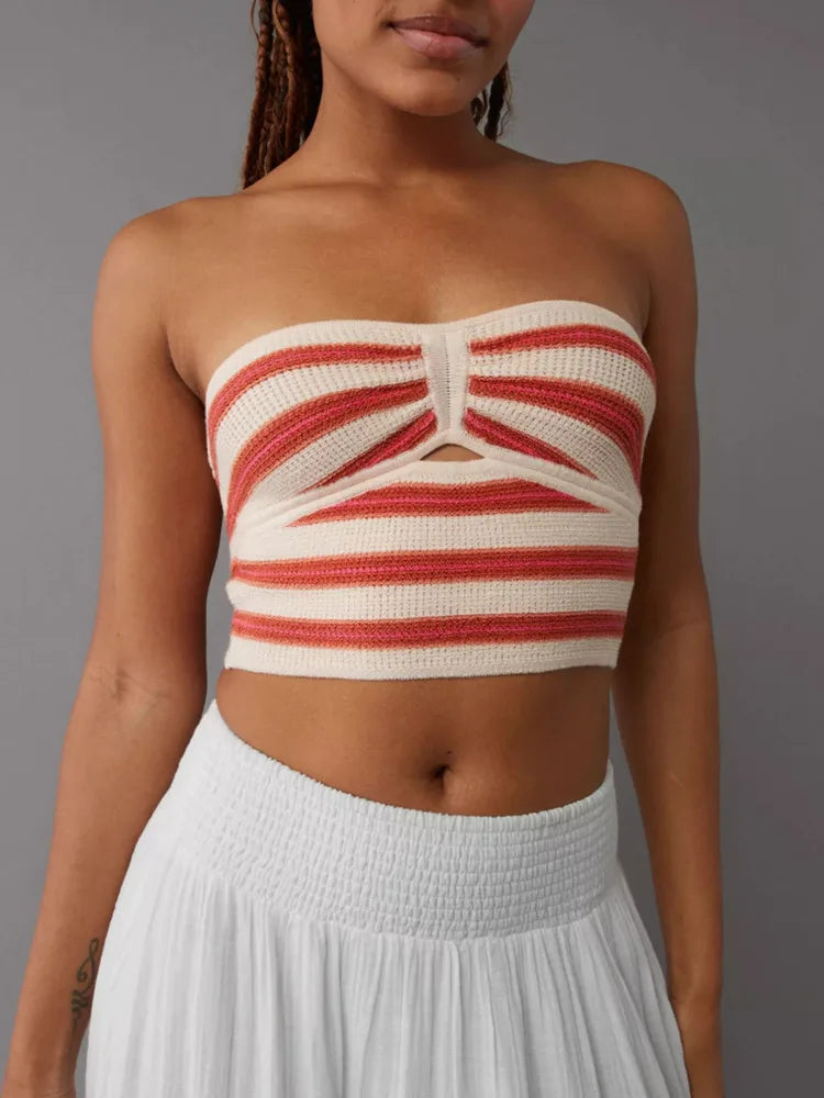 Strapless Tops- Women's Knitting Strapless Tube Knot-Bust Crop Top- - Chuzko Women Clothing