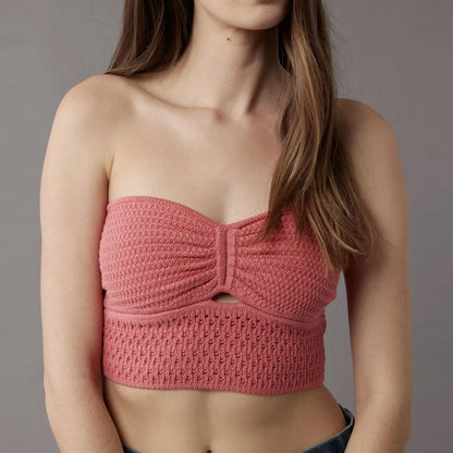 Strapless Tops- Women's Knitting Strapless Tube Knot-Bust Crop Top- Pink- Chuzko Women Clothing
