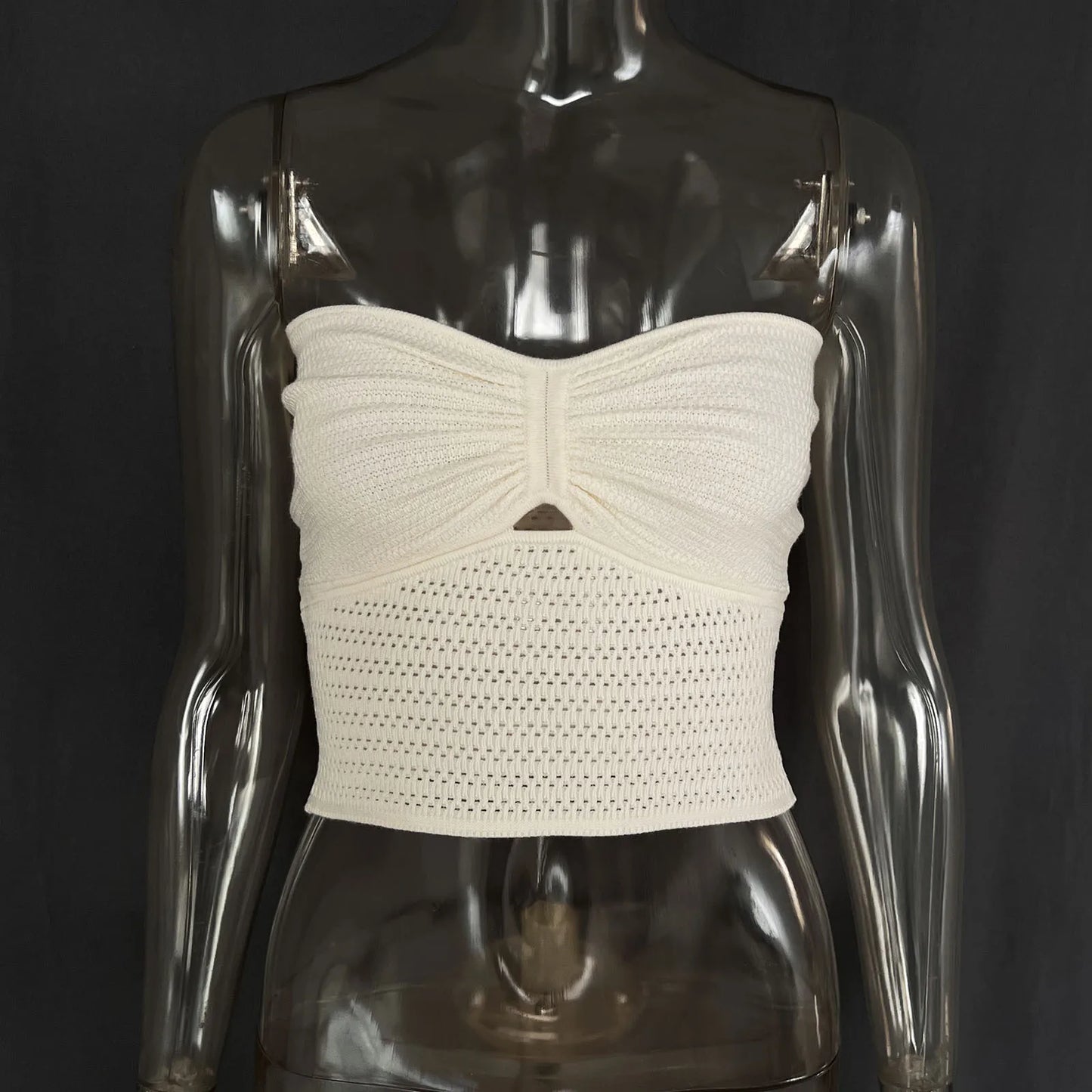 Strapless Tops- Women's Knitting Strapless Tube Knot-Bust Crop Top- - Chuzko Women Clothing