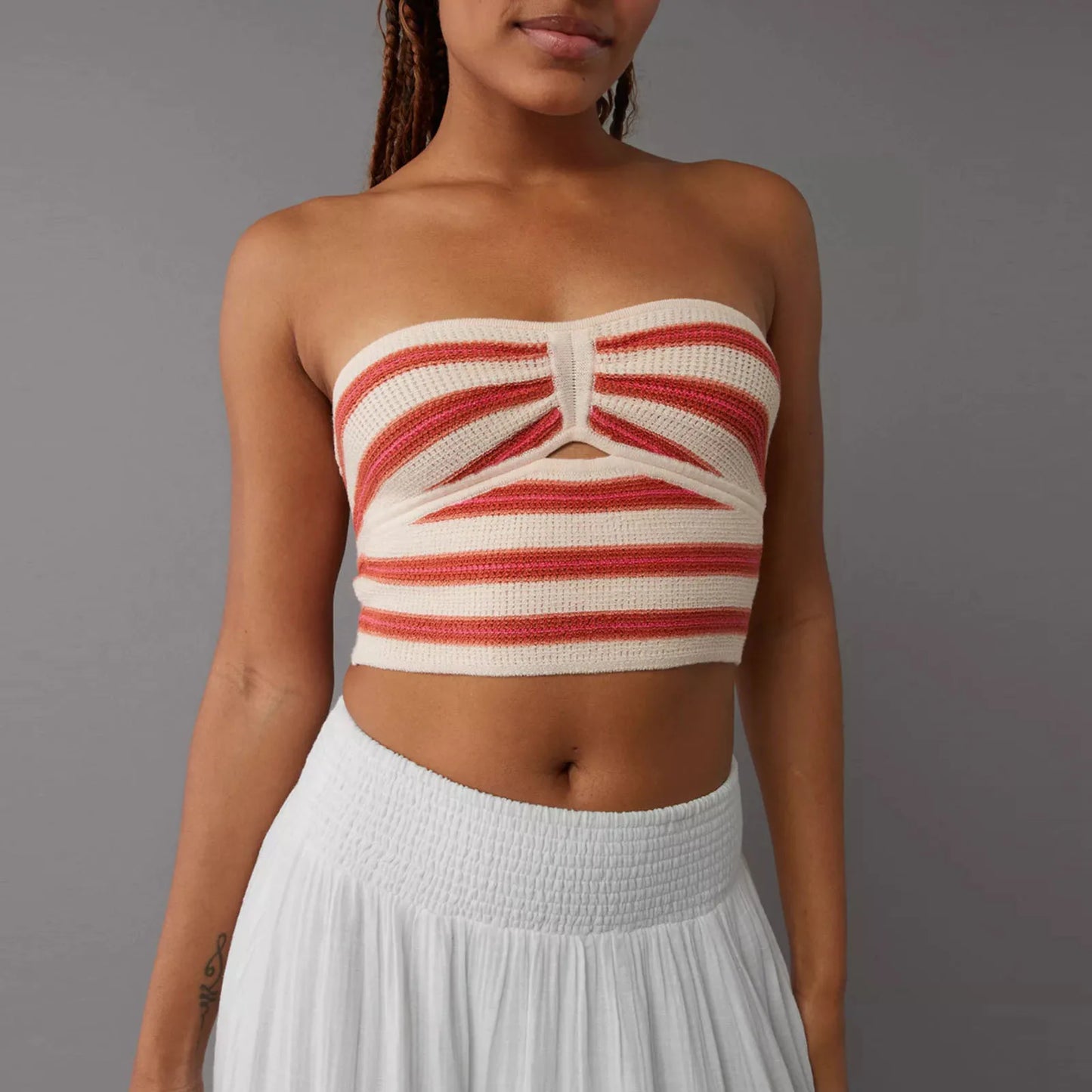 Strapless Tops- Women's Knitting Strapless Tube Knot-Bust Crop Top- Red Apricot Stripe- Chuzko Women Clothing