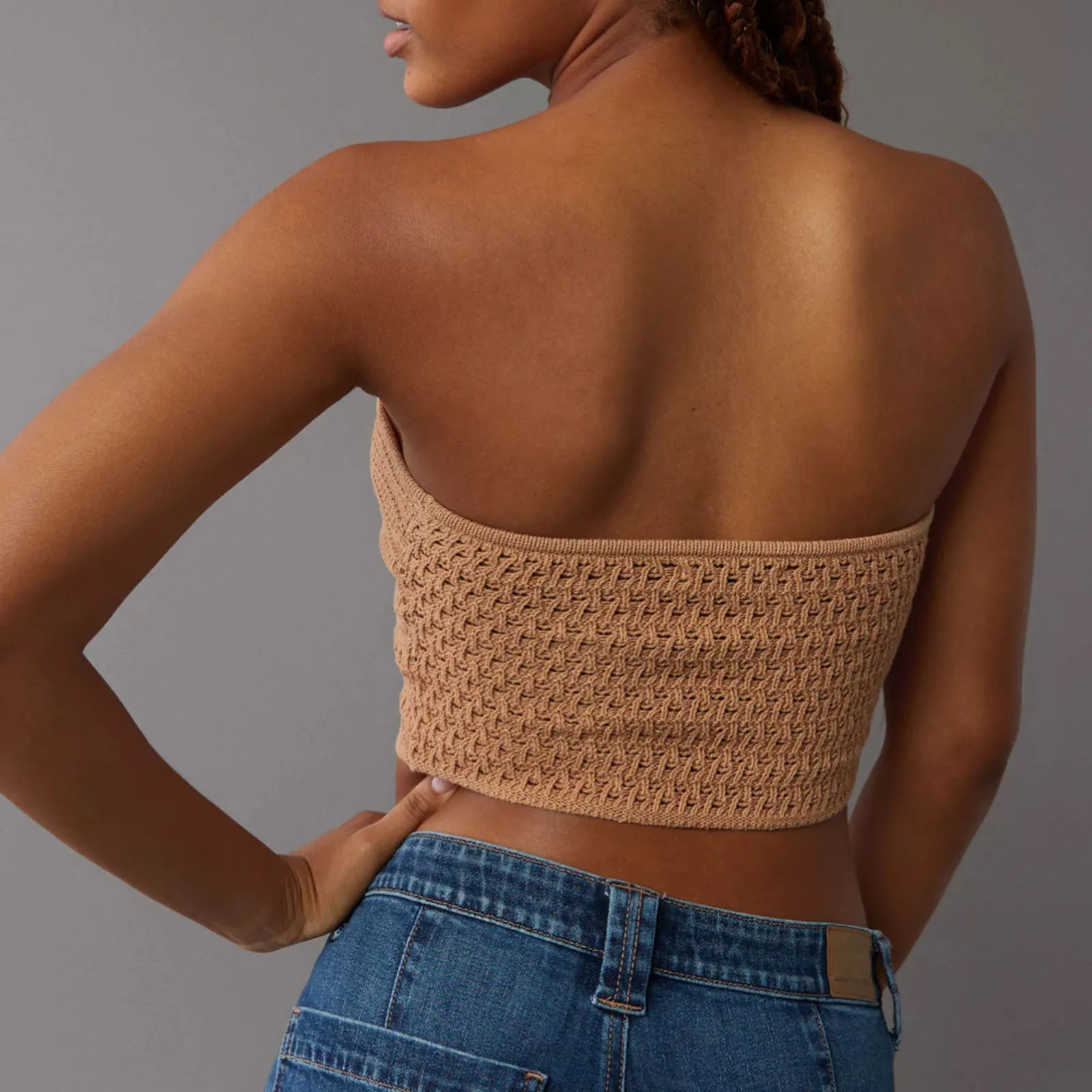 Strapless Tops- Women's Knitting Strapless Tube Knot-Bust Crop Top- - Chuzko Women Clothing