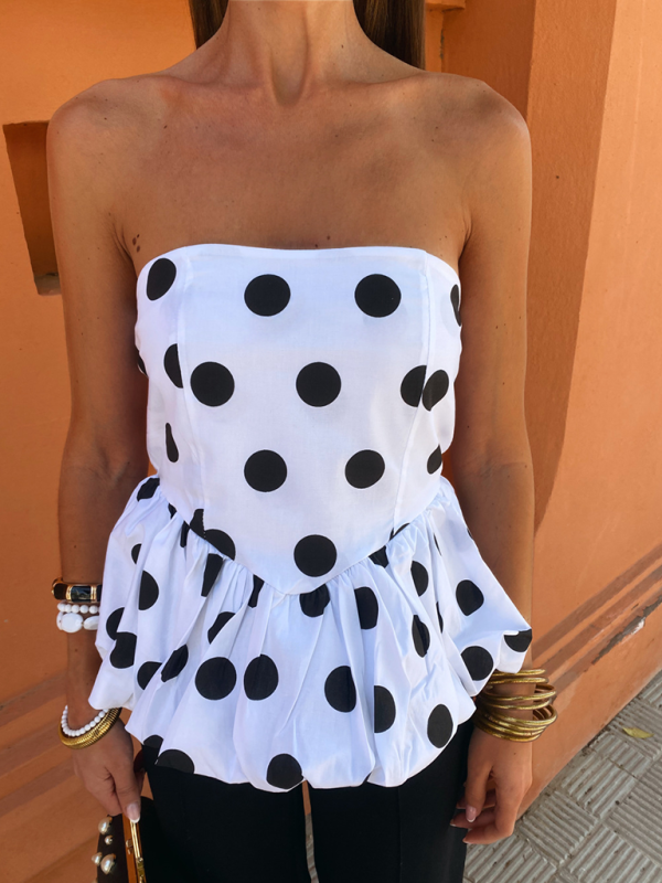 Strapless Tops- Women's Strapless Peplum Top in Polka Dot Print- White- Chuzko Women Clothing