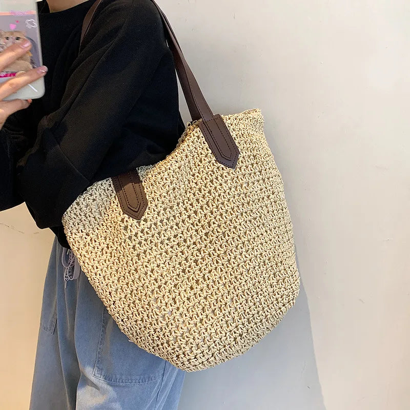 Straw Bags- Natural Straw Zippered Tote for Casual & Beach Outings- Beige- Chuzko Women Clothing