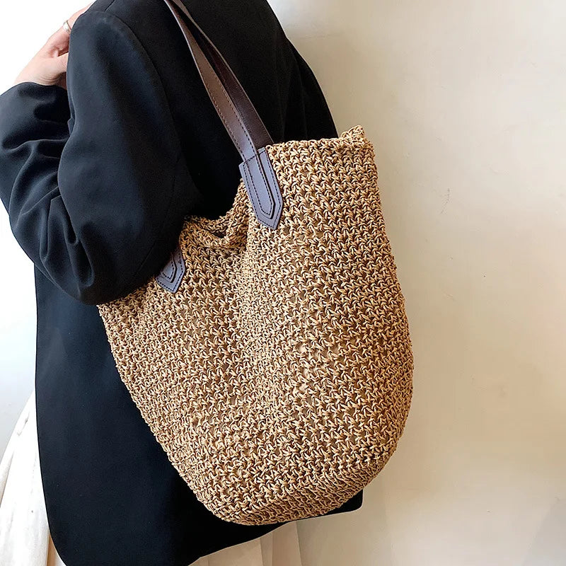 Straw Bags- Natural Straw Zippered Tote for Casual & Beach Outings- - Chuzko Women Clothing