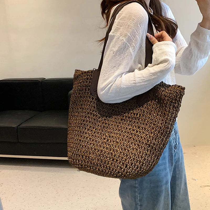 Straw Bags- Natural Straw Zippered Tote for Casual & Beach Outings- Deep brown- Chuzko Women Clothing