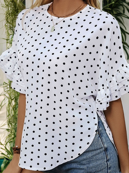Polka Dot Women's Curved Blouse with Layered Sleeves