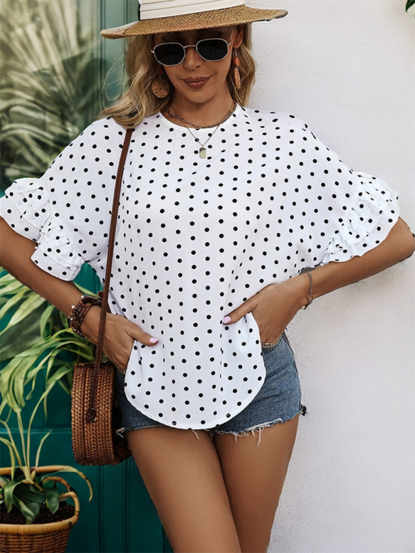 Polka Dot Women's Curved Blouse with Layered Sleeves