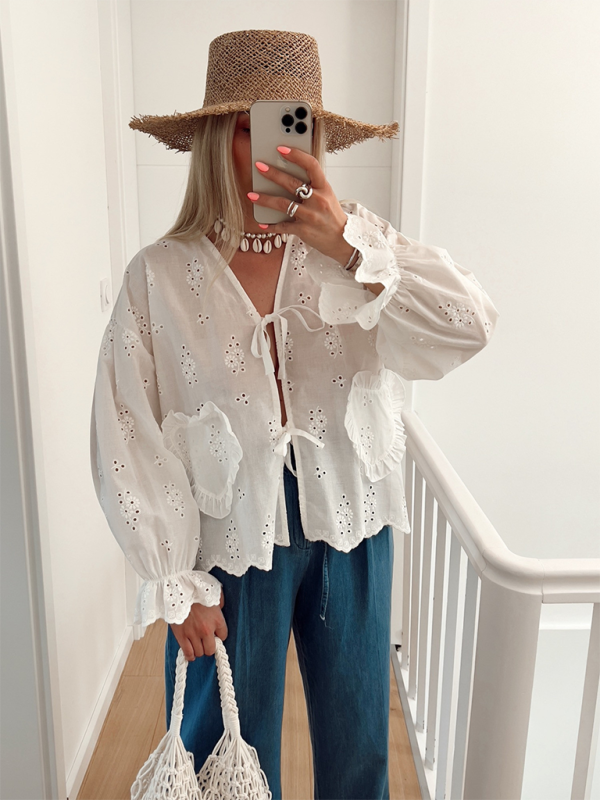 Summer Blouses- Women's Eyelet Tie-Up Blouse for Casual Outings- White- Chuzko Women Clothing
