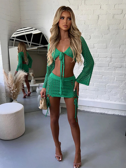 Summer Cover-Up- Knitting 2-Piece Tie-Side Mini Skirt & Topper for Summer Parties- Green- Chuzko Women Clothing
