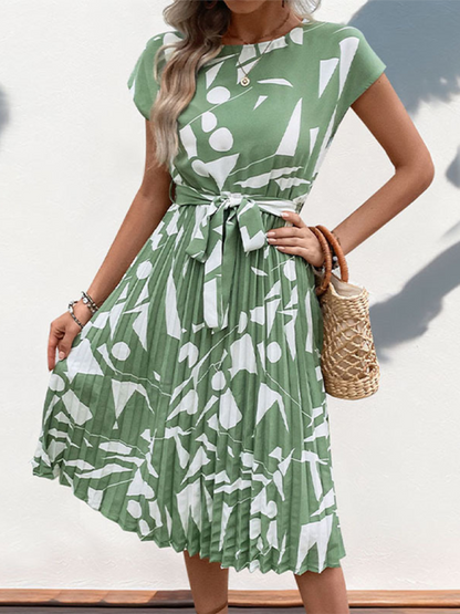 Summer Dresses- Artful Abstract Print Pleated Midi Dress- Mint Green- Chuzko Women Clothing
