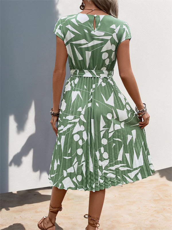 Summer Dresses- Artful Abstract Print Pleated Midi Dress- - Chuzko Women Clothing