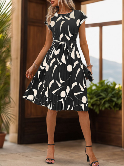 Summer Dresses- Artful Abstract Print Pleated Midi Dress- - Chuzko Women Clothing