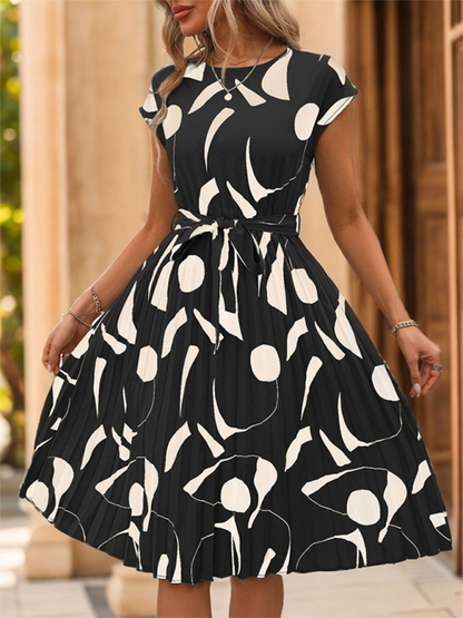 Summer Dresses- Artful Abstract Print Pleated Midi Dress- Black- Chuzko Women Clothing