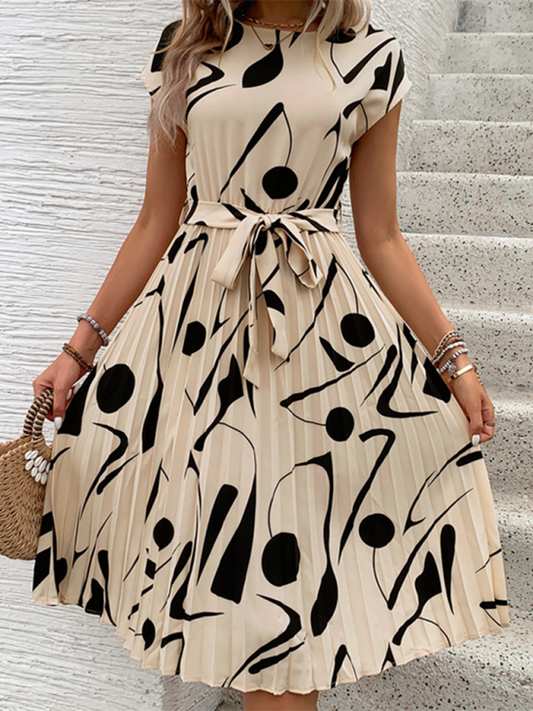 Summer Dresses- Artful Abstract Print Pleated Midi Dress- Cracker khaki- Chuzko Women Clothing