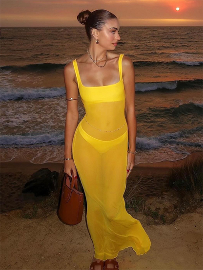 Summer Dresses- Boho Beach Sheer Cover-Up Dress for Summer Vacations- Yellow- Chuzko Women Clothing