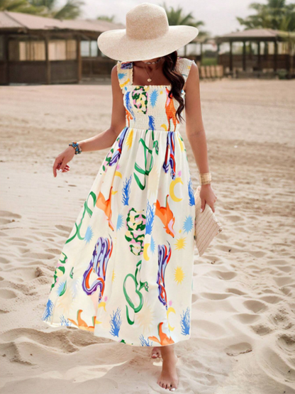 Summer Dresses- Boho Folkloric Print Maxi Dress for Casual Walks & Festive Occasions- - Chuzko Women Clothing