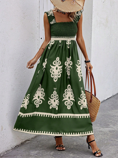 Summer Dresses- Boho Folkloric Print Maxi Dress for Casual Walks & Festive Occasions- Green- Chuzko Women Clothing