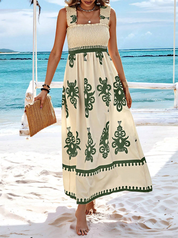 Summer Dresses- Boho Folkloric Print Maxi Dress for Casual Walks & Festive Occasions- Olive green- Chuzko Women Clothing