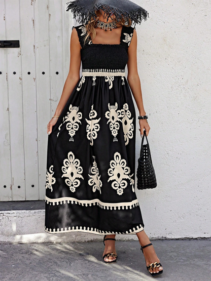 Summer Dresses- Boho Folkloric Print Maxi Dress for Casual Walks & Festive Occasions- Black- Chuzko Women Clothing