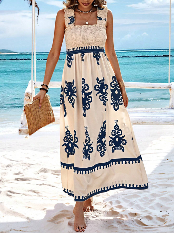 Summer Dresses- Boho Folkloric Print Maxi Dress for Casual Walks & Festive Occasions- Blue- Chuzko Women Clothing