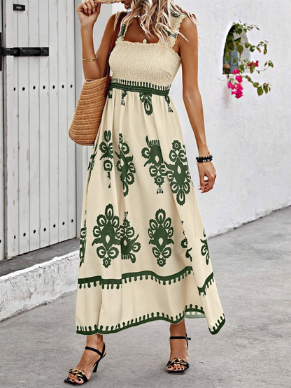 Summer Dresses- Boho Folkloric Print Maxi Dress for Casual Walks & Festive Occasions- - Chuzko Women Clothing
