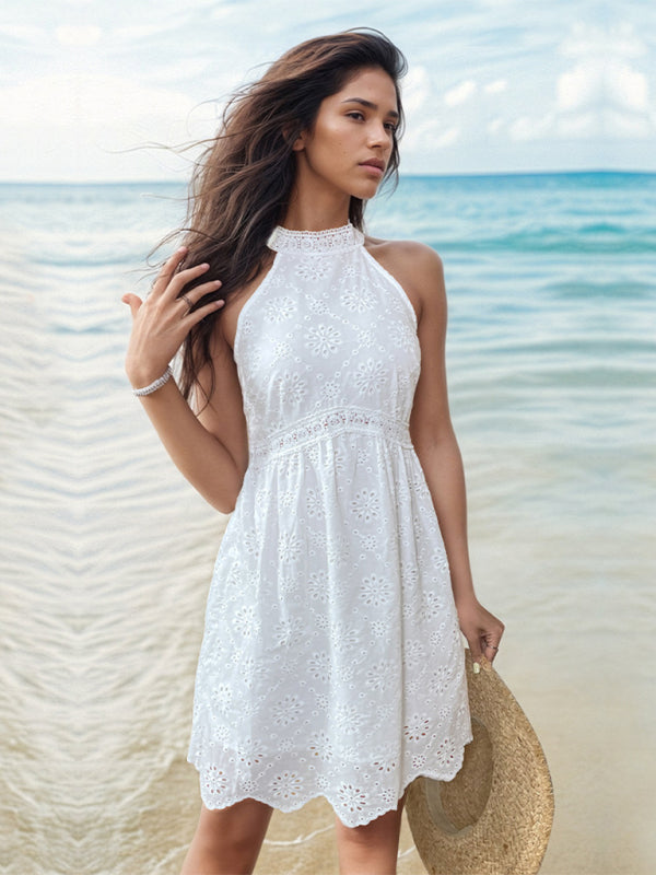 Summer Dresses- Boho Women's Solid Eyelet Halter Sundress for Summer- - Chuzko Women Clothing