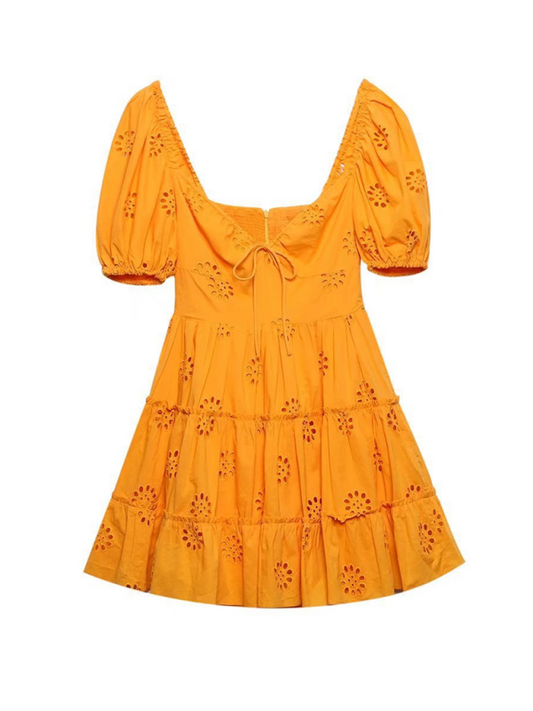Summer Dresses- Bright Orange Embroidery Eyelet Mini Dress- Orange- Chuzko Women Clothing