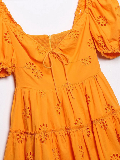 Summer Dresses- Bright Orange Embroidery Eyelet Mini Dress- - Chuzko Women Clothing