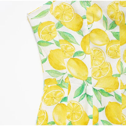 Summer Dresses- Bright Summer Lemon Print Dress for Beach Days and Picnics- - Chuzko Women Clothing