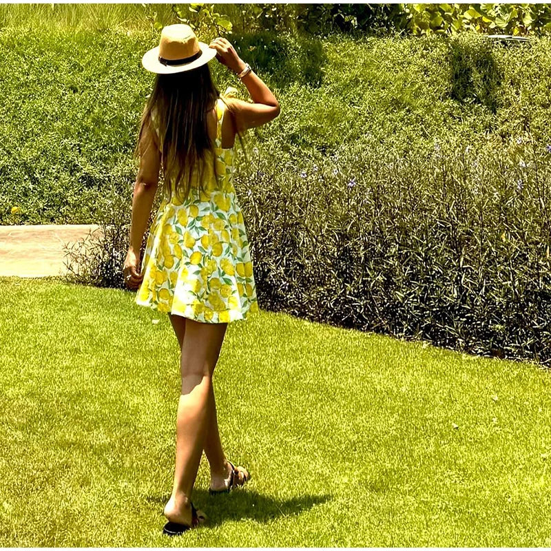 Summer Dresses- Bright Summer Lemon Print Dress for Beach Days and Picnics- - Chuzko Women Clothing