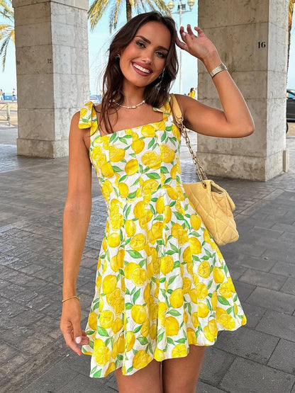 Summer Dresses- Bright Summer Lemon Print Dress for Beach Days and Picnics- Yellow- Chuzko Women Clothing