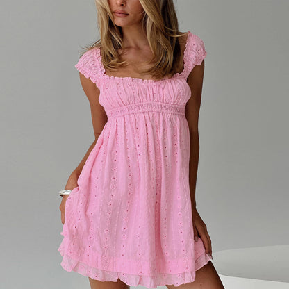 Summer Dresses- Cottagecore Romantic Eyelet Mini Dress- Pink- Chuzko Women Clothing