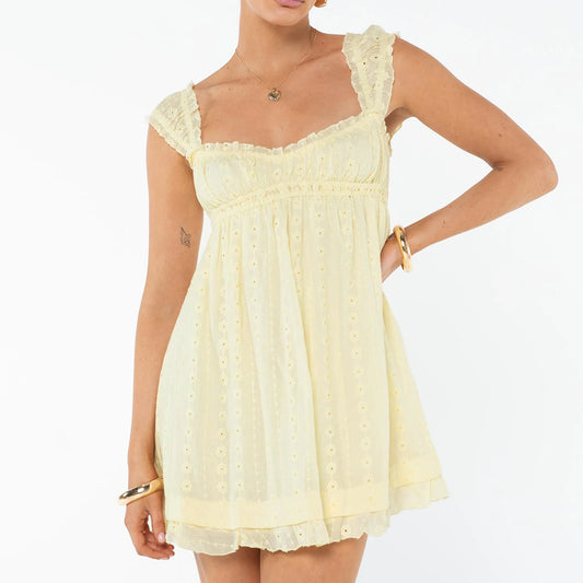 Summer Dresses- Cottagecore Romantic Eyelet Mini Dress- Yellow- Chuzko Women Clothing