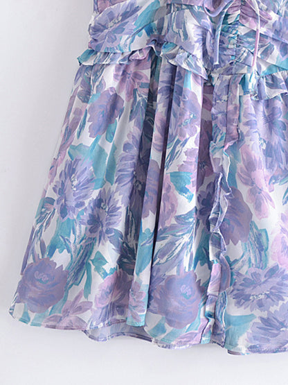 Summer Dresses- Florals Puff Sleeve Surplice V-Neck Mini Dress for Summe- - Chuzko Women Clothing