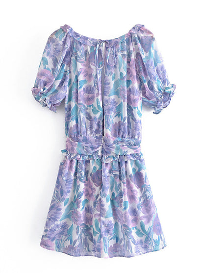 Summer Dresses- Florals Puff Sleeve Surplice V-Neck Mini Dress for Summe- - Chuzko Women Clothing