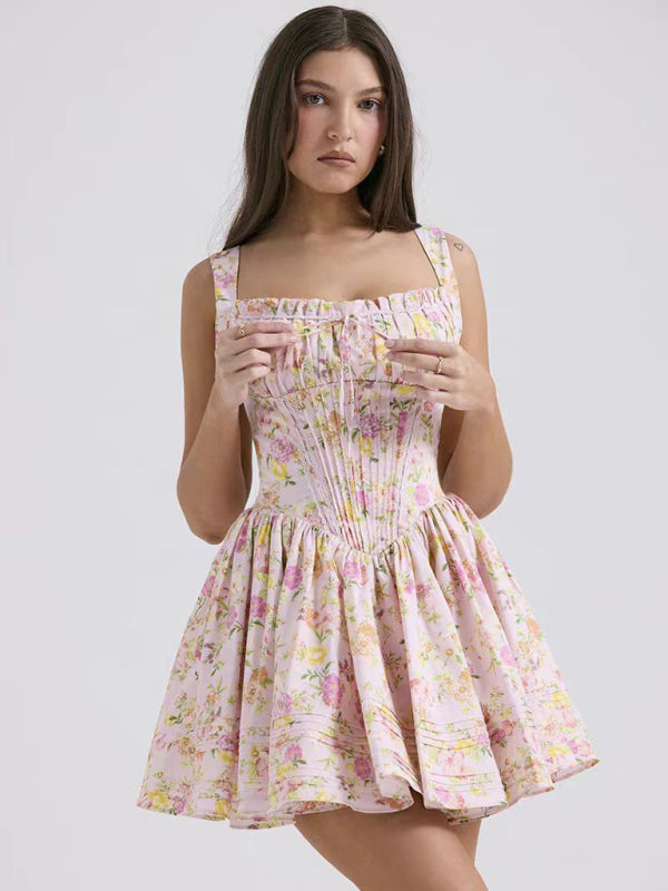 Summer Dresses- Garden Party Women's Floral Cami Mini Dress with Drop Waist- Pattern1- Chuzko Women Clothing
