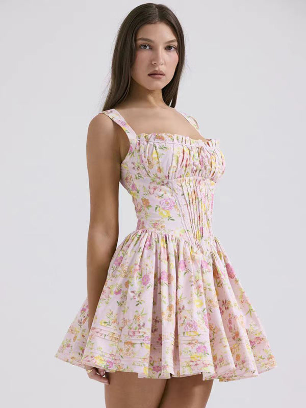 Summer Dresses- Garden Party Women's Floral Cami Mini Dress with Drop Waist- - Chuzko Women Clothing