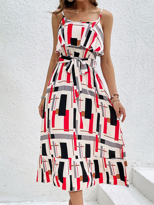 Summer Dresses- Geometric Stripe Midi Dress – Your Go-To for Spring and Summer- White- Chuzko Women Clothing