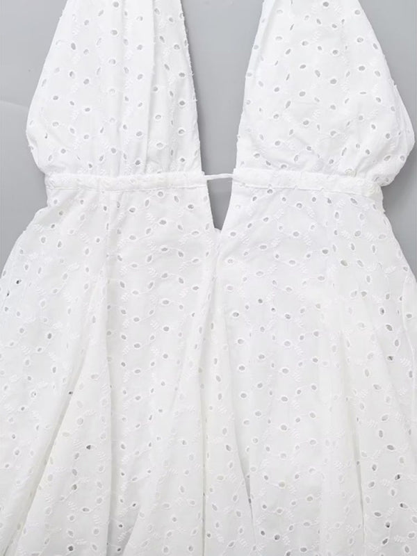 Summer Dresses- Halter A-Line Eyelet Backless Dress for Women in Romantic Cotton Fabric- - Chuzko Women Clothing