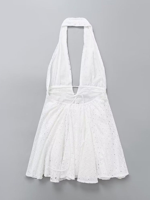 Summer Dresses- Halter A-Line Eyelet Backless Dress for Women in Romantic Cotton Fabric- - Chuzko Women Clothing