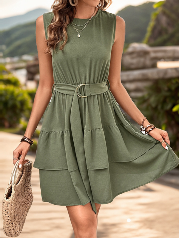 Summer Dresses- Layered Military Green A-Line Summer Dress with Cinched Waist- - Chuzko Women Clothing