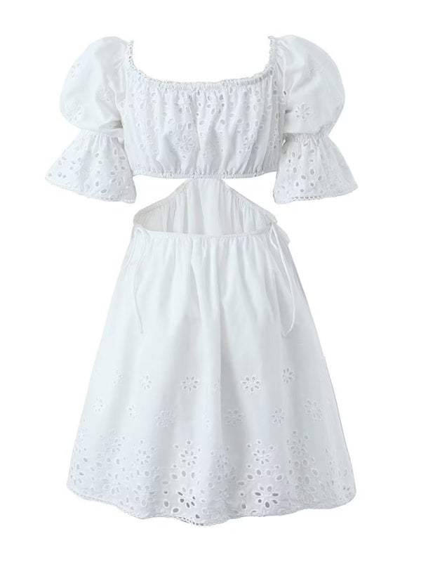 Summer Dresses- Romantic Embroidered Cutout Summer Dress in Cotton- - Chuzko Women Clothing