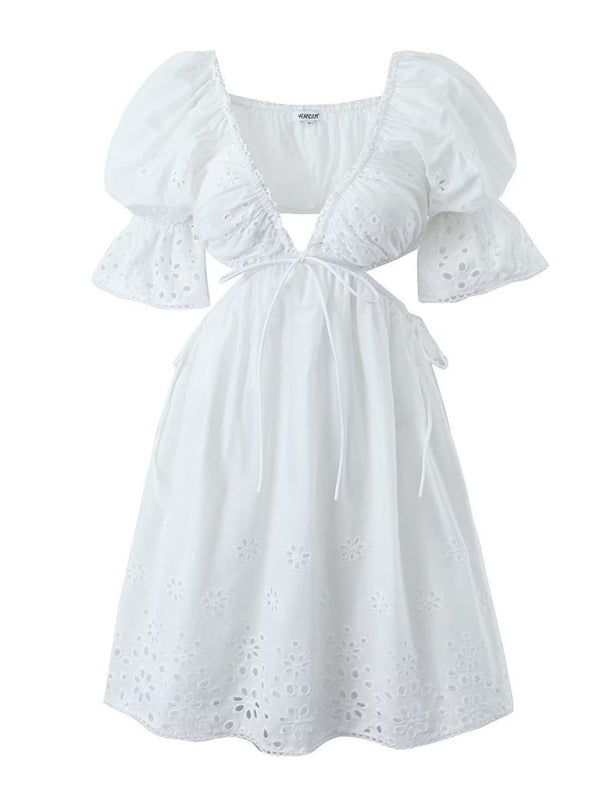 Summer Dresses- Romantic Embroidered Cutout Summer Dress in Cotton- - Chuzko Women Clothing